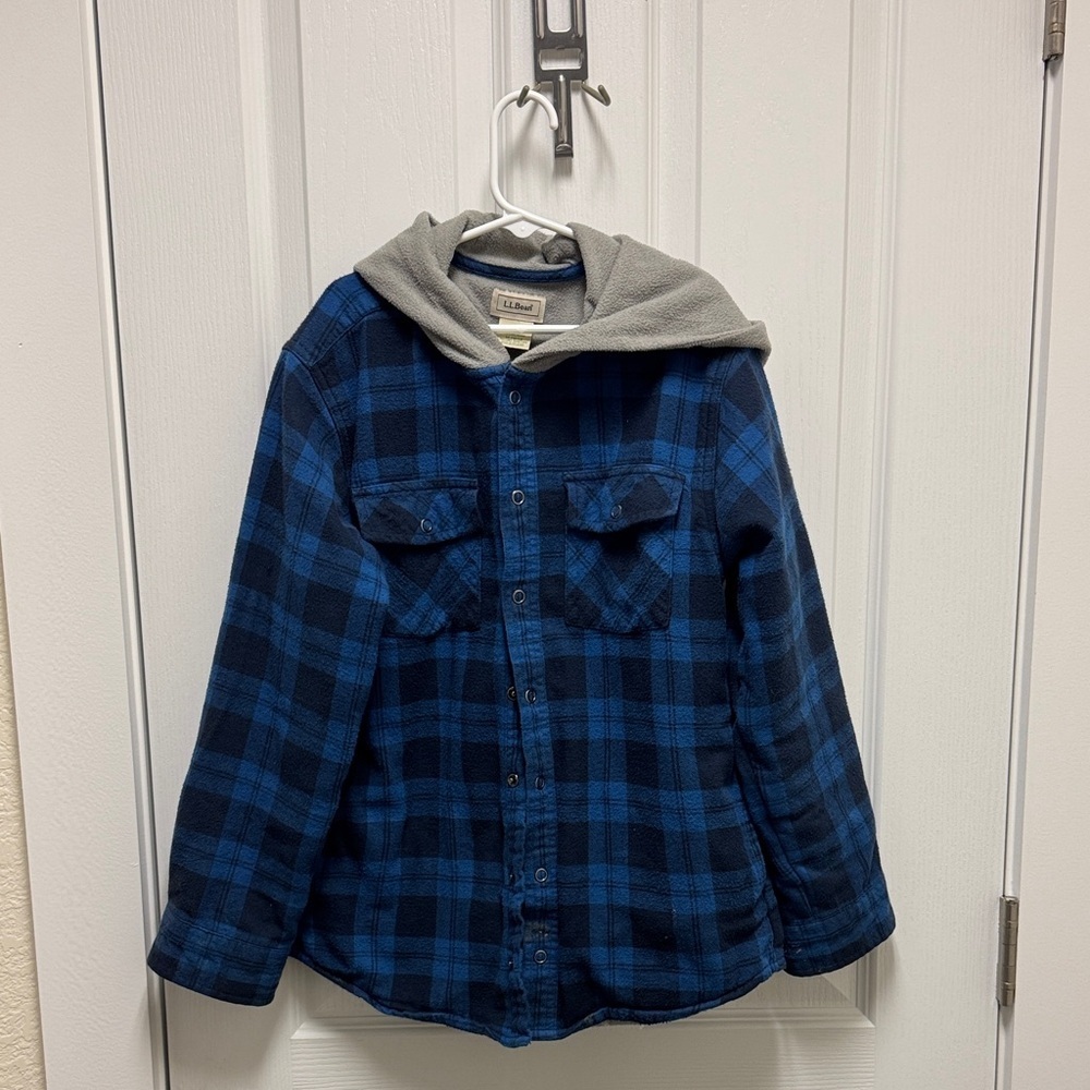 L.L. Bean Blue Checkered Shirt with Gray Hood